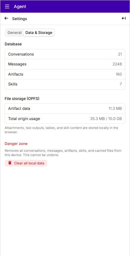 Agent settings and storage page